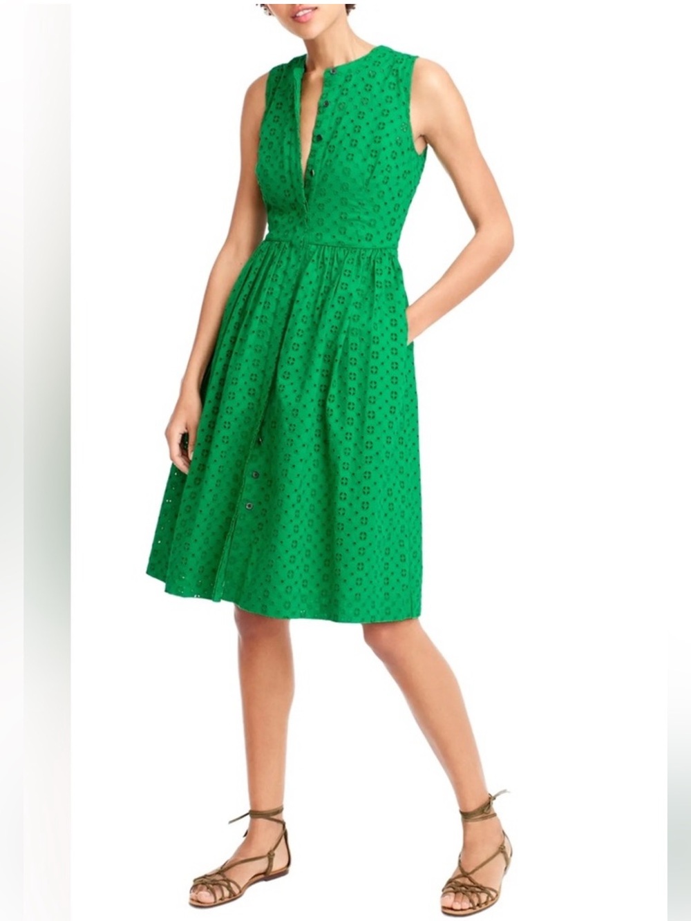 J.Crew Kelly Green cotton Eyelet Fit-and-Flare midi button down Dress sz 6